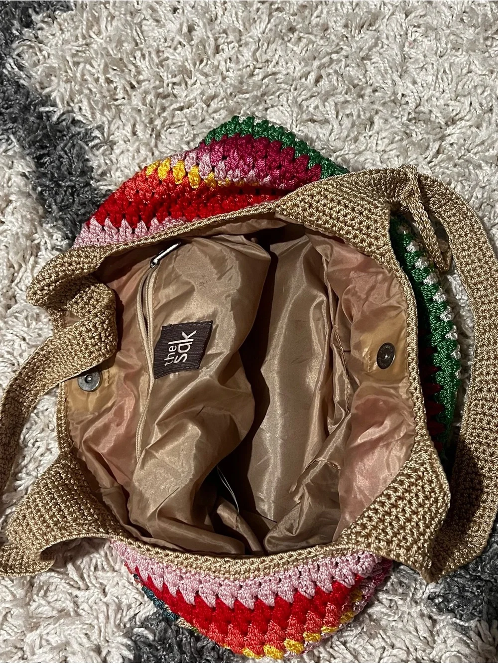 The Sak Multicolor Crochet Tote Bag with Red Base
